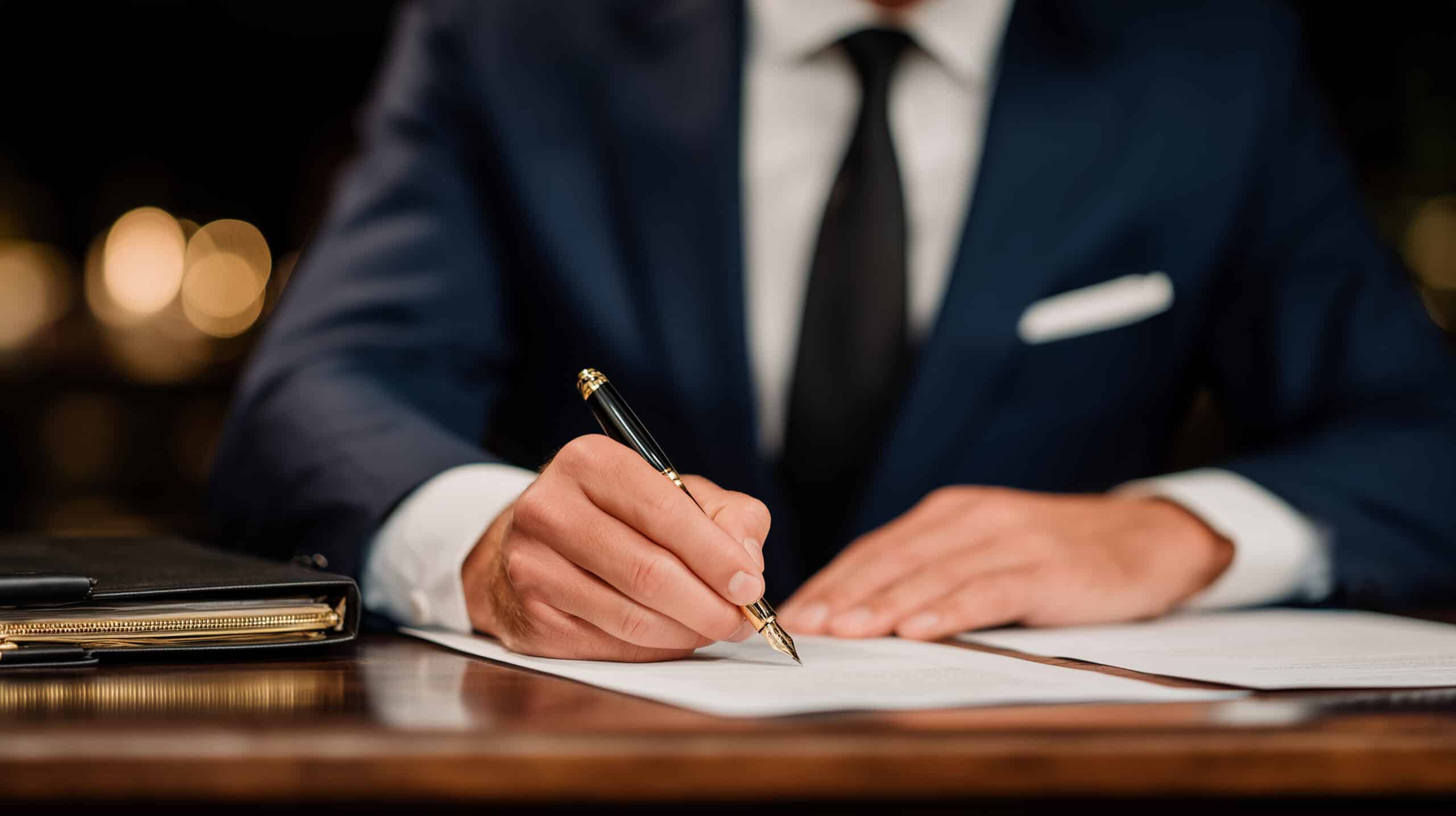 Businessman in a dark formal suit carefully signing a legal contract with a fountain pen on a polished wooden desk, open briefcase and legal files spread neatly beside him, soft of